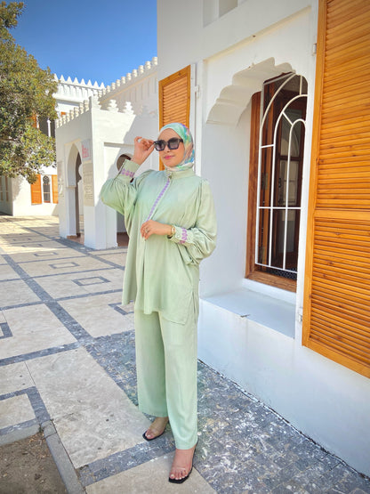 Ensemble "فخر" en Lin premium de haute qualité avec Zwa9 M3lam.