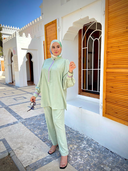 Ensemble "فخر" en Lin premium de haute qualité avec Zwa9 M3lam.