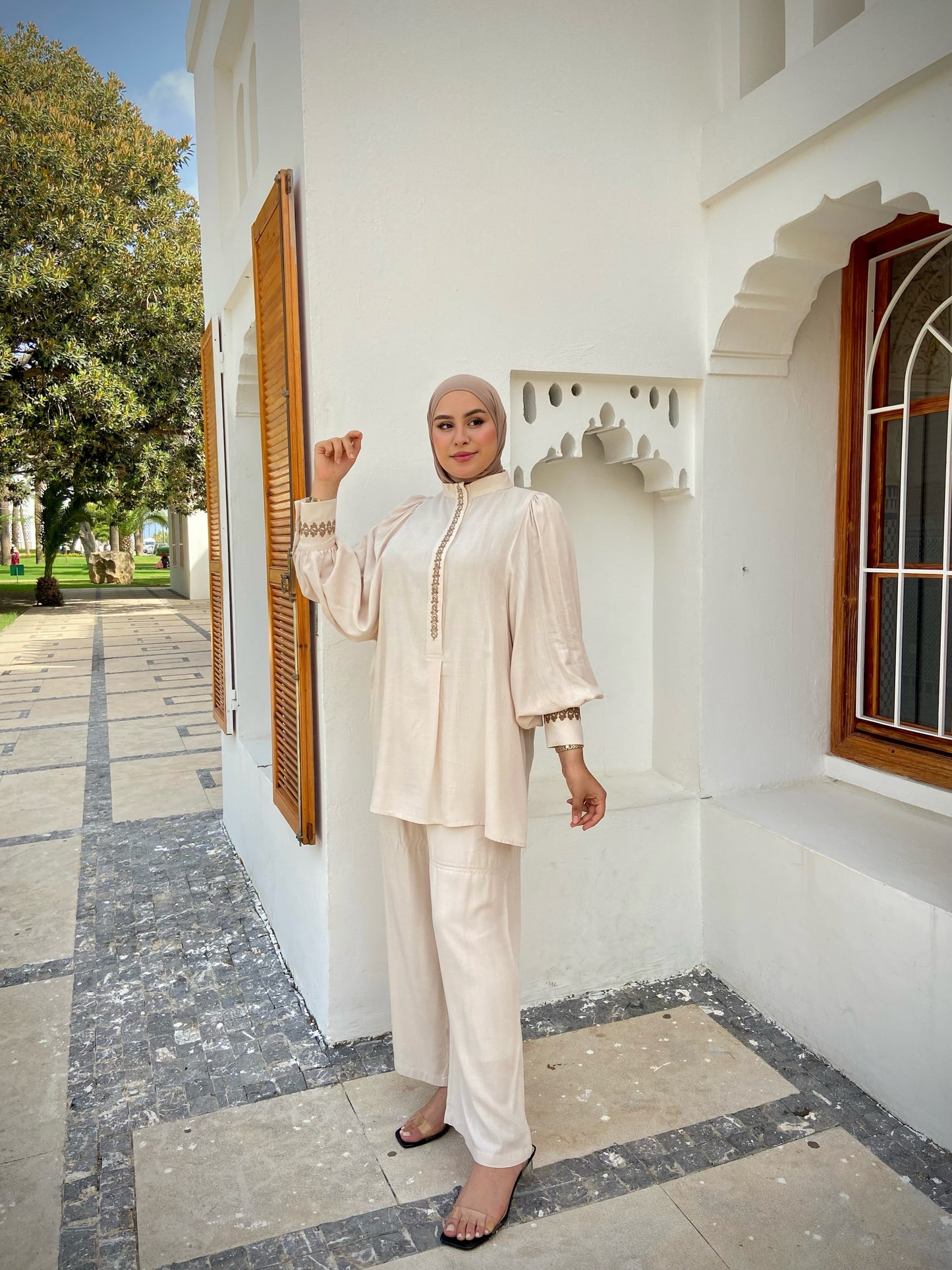 Ensemble "فخر" en Lin premium de haute qualité avec Zwa9 M3lam.