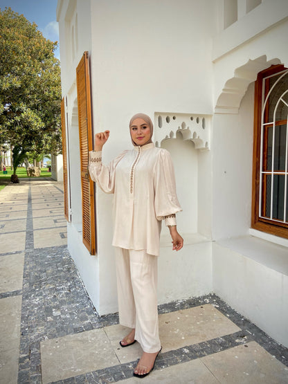 Ensemble "فخر" en Lin premium de haute qualité avec Zwa9 M3lam.