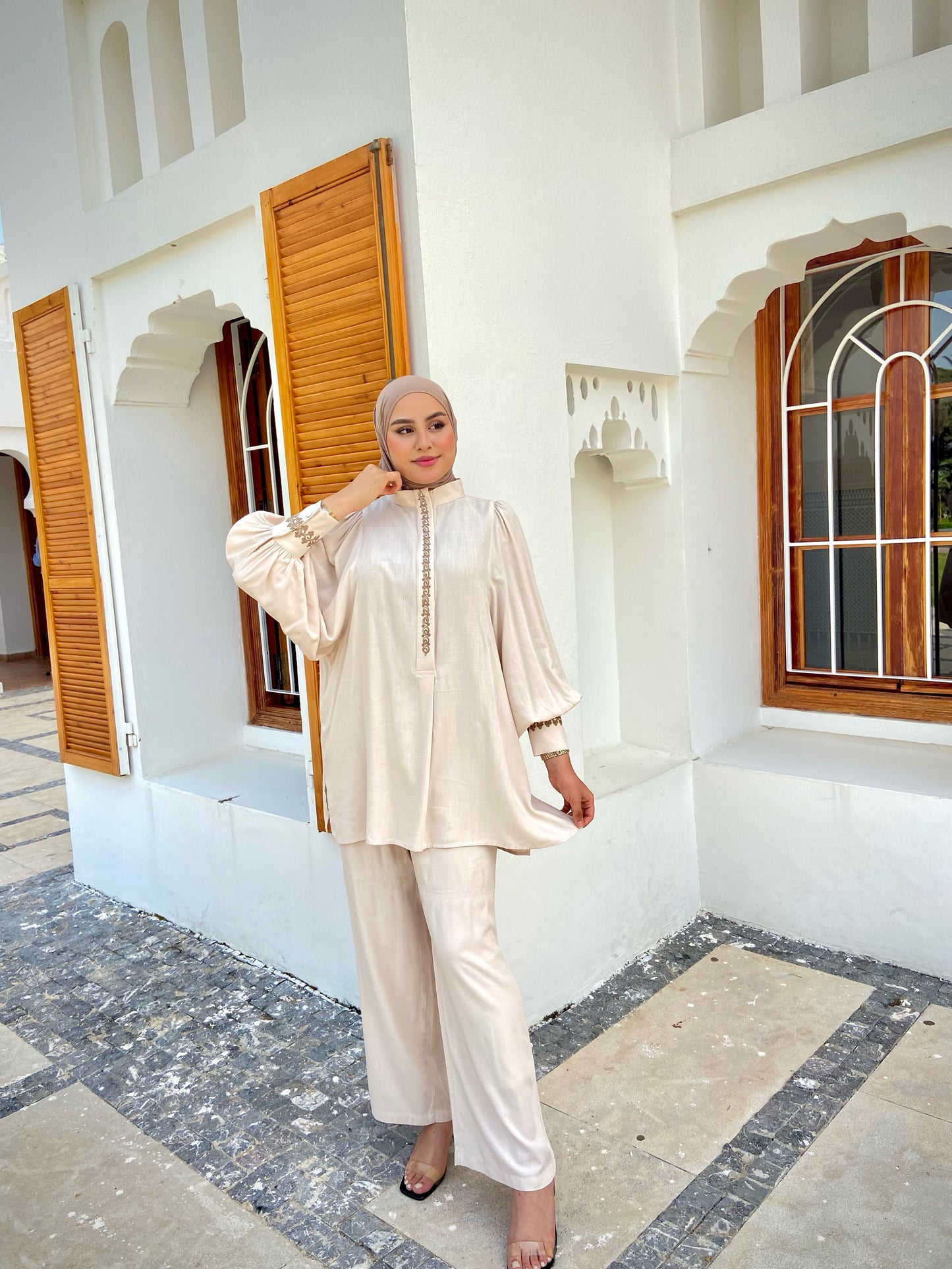 Ensemble "فخر" en Lin premium de haute qualité avec Zwa9 M3lam.